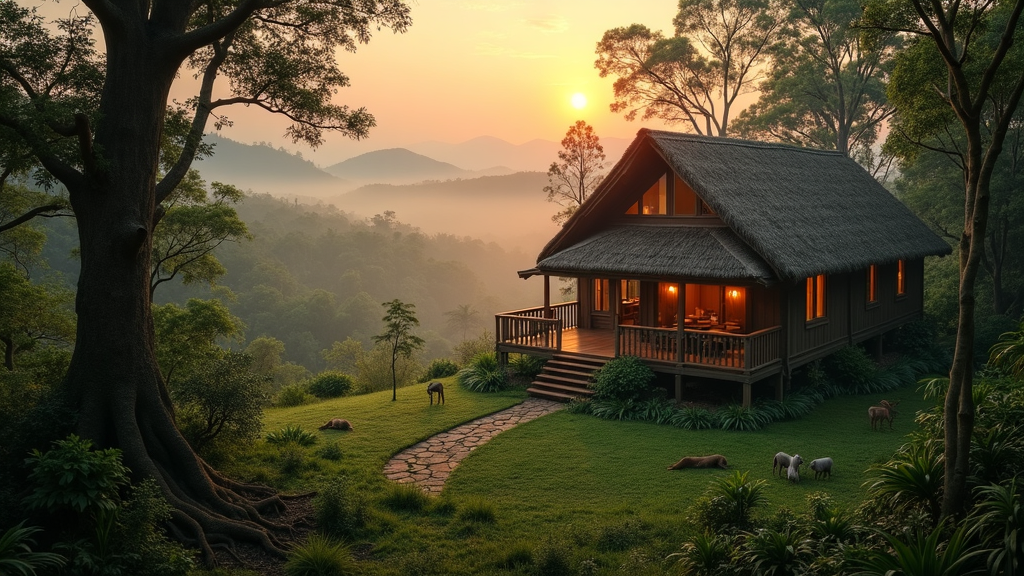 A scenic eco-lodge surrounded by lush forest and visible wildlife levels at sunrise