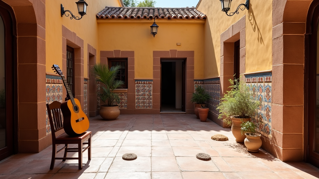 A sunlit courtyard with colorful tiles and traditional Spanish decor, set up for a flamenco dance practice, with a guitar resting on a chair and a pair of castanets on the floor.