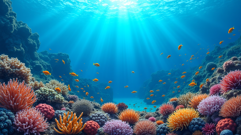 A vibrant coral reef teeming with tropical fish and sea life.