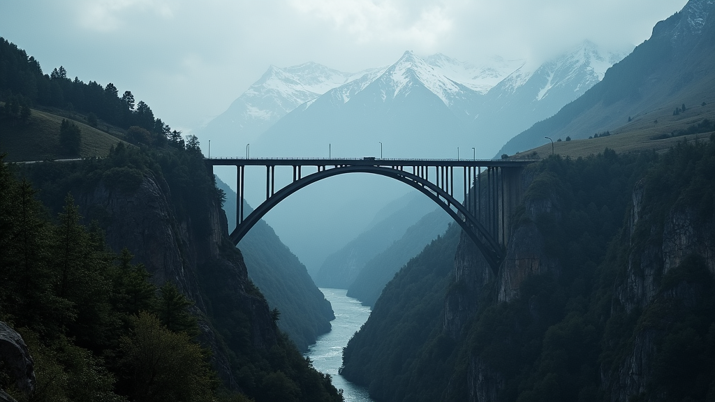 Bungee jumping bridge over dramatic landscape