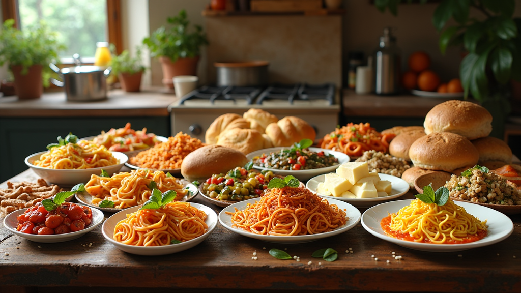 Colorful spread of classic Italian regional dishes including pasta, cheese, seafood, and bread on rustic table