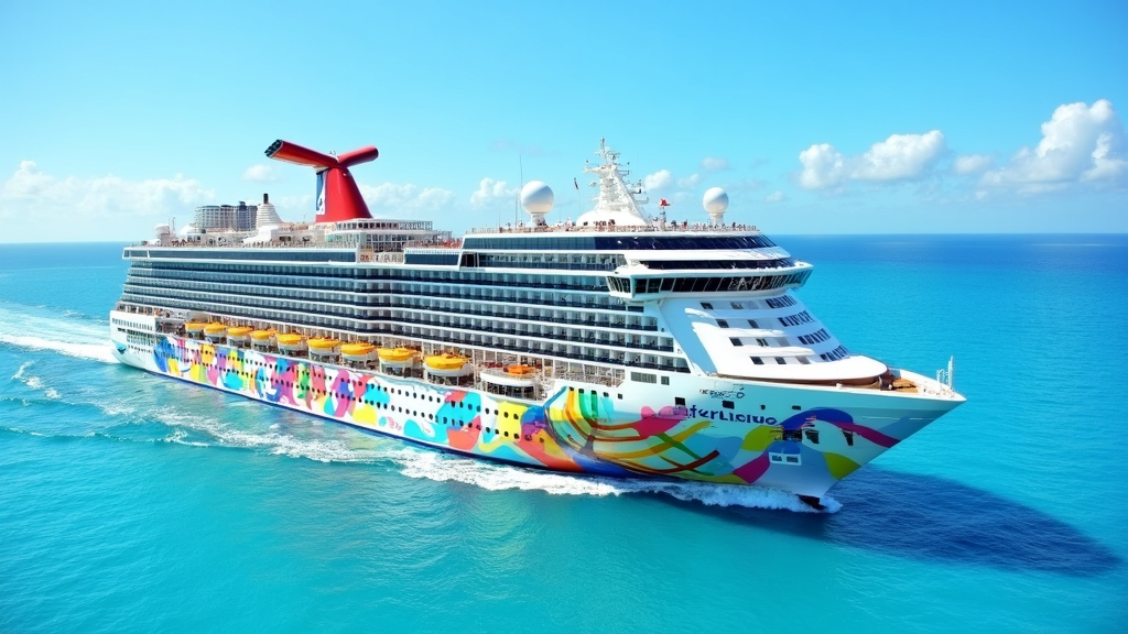 Family-friendly cruise ship on sparkling ocean water, colorful slides and kids' splash zone visible in the background, bright sunny sky