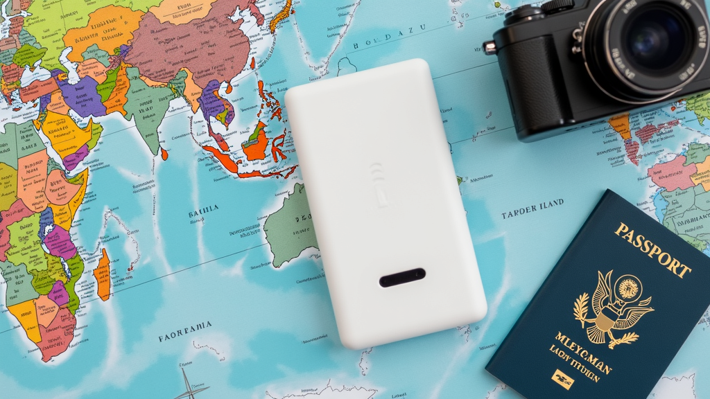 A flat lay of travel essentials, including a portable Wi-Fi hotspot device, world map, passport, and camera